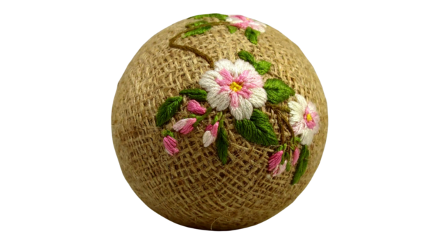  Hand-Embroidered Burlap Sphere with Floral Design isolated on transparent background