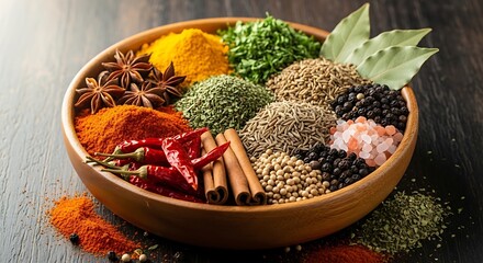 Fototapeta premium A wooden bowl filled with an assortment of colorful spices and herbs on a dark surface top view