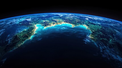 Fototapeta premium A view of Earth from space, with the bright blue oceans and green landmasses contrasted against the vast darkness of space.
