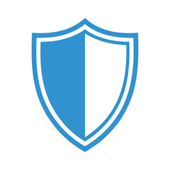 Blue and white shield icon in flat style representing protection, security, privacy, and defense on clean white background