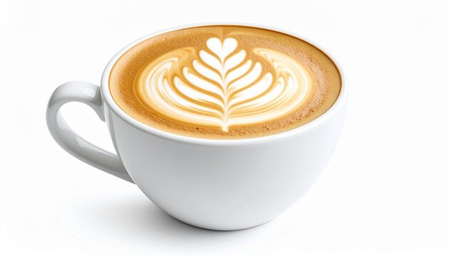Freshly brewed cappuccino with intricate rosetta latte art in a classic white ceramic mug, isolated on a clean white background - Powered by Adobe