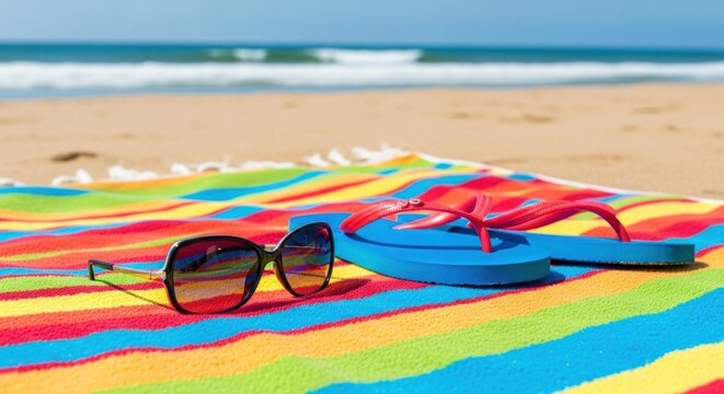 Seaside essentials sunglasses, flip-flops on a bright towel by the ocean's edge - Powered by Adobe