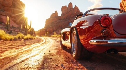 A vintage car cruising along a desert highway at golden hour, dramatic shadows, low-angle view with lens flare.