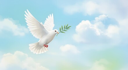 A white dove with an olive branch in its beak flies gracefully through a cloudy blue sky, symbolizing peace and hope