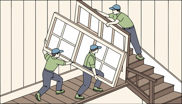 Workers wearing green shirts and blue pents with blue cap carrying a large window up a staircase, illustration, indoors, home renovation. Vector illustration