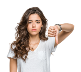Displeased young woman expressing disappointment in isolated on transparent background
