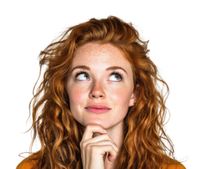 Curious young woman portrait thoughtful expression isolated on transparent background