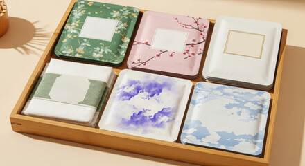 Colorful decorative coasters arranged in a wooden tray, featuring floral and abstract designs, showcasing vibrant patterns and textures for home decor enhancement