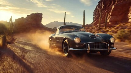 Obraz premium A vintage car cruising along a desert highway at golden hour 
