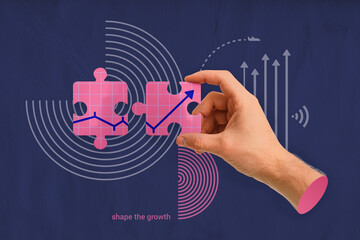 Business growth collage with a hand holding a puzzle. Concept of connecting ideas and building success. Modern poster of high technology and collaboration.