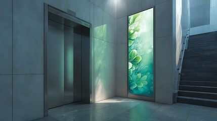 Modern Elevator Lobby with Leafy Art and Stairs Interior Design