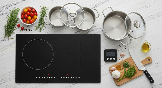 Modern kitchen countertop featuring stainless steel pots, fresh ingredients, and a sleek induction cooktop, creating an inviting cooking atmosphere with vibrant colors and textures