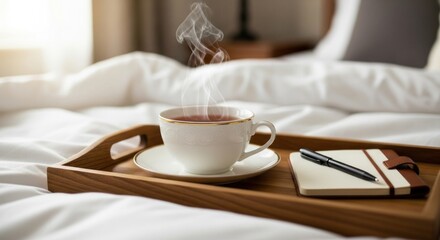 Fototapeta premium A steaming white teacup on a tray, with a journal and pen, sits atop a bed with rumpled white linens, offering a cozy, relaxing scene