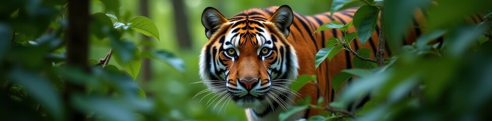Fototapeta premium A Bengal tiger stealthily hidden behind dense green branches in a lush forest, its eyes sharply observing, creating a tense and wild atmosphere