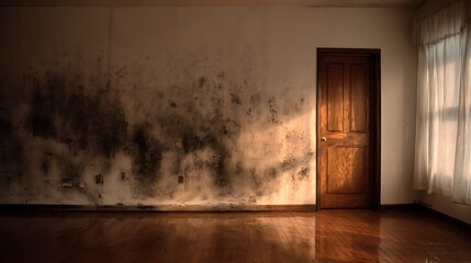 Mold Infested Wall in Empty Room with Wooden Door and Floor