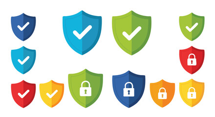 Digital security emblem arrangement showcasing protection icons in various colors, illustrating data integrity and defense against cyber threats,