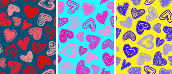 abstract love hand drawn hearts in three color variations vector seamless pattern set for cards invitations romantic decorations
