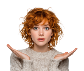 Curious young woman with red hair portrait neutral surprise isolated on transparent background