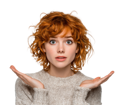 Curious young woman with red hair portrait neutral surprise isolated on transparent background