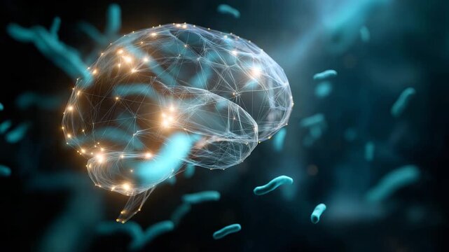 A brain with a bunch of bacteria around it. Futuristic conceptual illustration of microbiome bacteria particles overlayed with glowing human brain, gut brain axis, dark background with blue teal glow