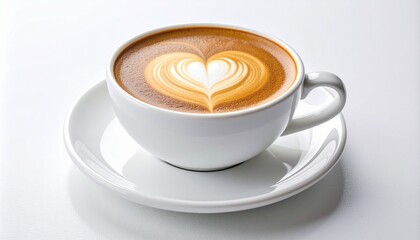 Freshly brewed cappuccino coffee in a white cup with a delicate heart-shaped latte art design on a clean, isolated background