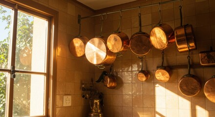 Copper cookware collection hanging in a sunlit kitchen.
