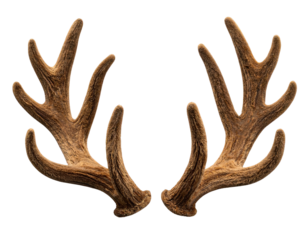 Pair of deer antlers with dark brown tips on a black background