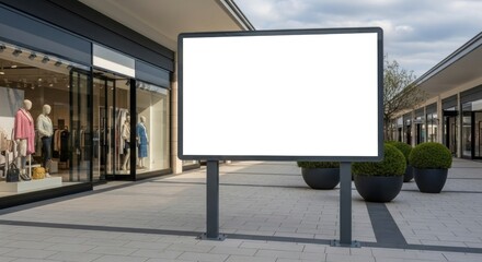 Obraz premium A blank, illuminated rectangular sign stands outdoors in a retail area. Stores with glass fronts line the sides, with greenery