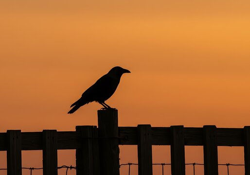 Raven Silhouette on Fence at Sunset