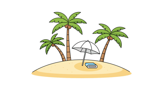 Relaxing tropical island getaway with palm trees, a beach umbrella, and a towel, perfect for a serene summer vacation illustration