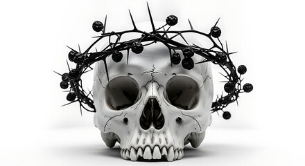 A skull adorned with a crown of thorns, symbolizing mortality and sacrifice on a white background
