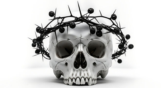 A skull adorned with a crown of thorns, symbolizing mortality and sacrifice on a white background