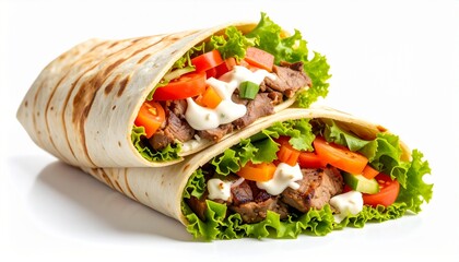 Delicious grilled meat wraps with fresh lettuce, tomatoes, and creamy sauce, an appetizing and convenient fast food meal isolated on a white background