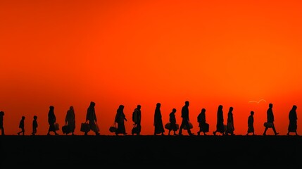Fototapeta premium Silhouetted Group Walking in Line Against Vibrant Sunset Gradient of Orange, Red, and Deep Blue