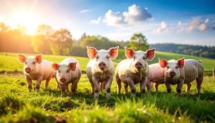 Obraz premium Adorable piglets frolic in a sun-drenched pasture, their pink noses and large ears adding charm to a vibrant, idyllic rural scene.
