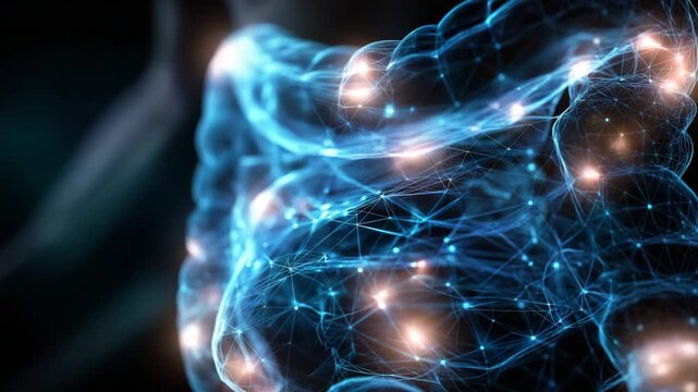 A blue and white image of a stomach with a lot of stars. Futuristic illustration of electric neural web overlay on gut area, enteric nervous system, glowing electric blue on dark muted background
