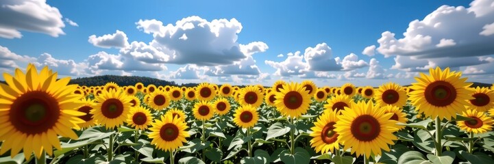 Fototapeta premium Vast sunflower field under a brilliant blue sky dotted with fluffy white clouds, golden blooms stretching to the horizon.