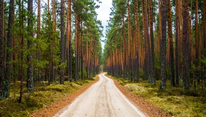 Obraz premium A winding dirt road leads through a dense forest of tall pine trees.