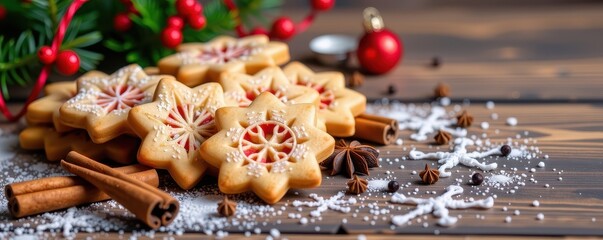 Warm Christmas background featuring assorted spiced cookies and aromatic cinnamon sticks, star anise, and cloves against a rustic wooden surface, food, star anise, gingerbread