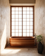 A serene bathroom featuring a wooden bathtub, surrounded by natural stone walls and a large window for abundant light.