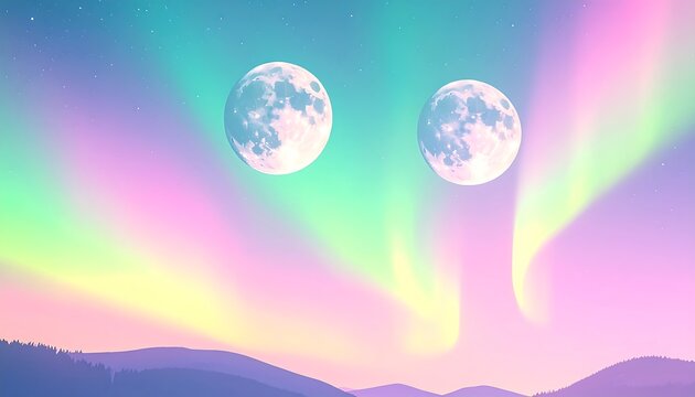 Pastel Aurora Borealis with Two Moons Over Mountains.