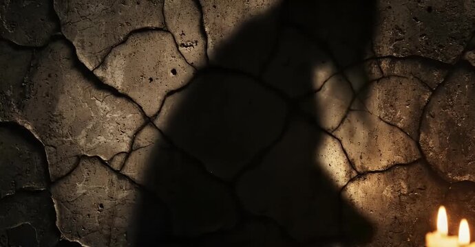 A menacing shadow of a monstrous creature or a hooded figure looms on a cracked, ancient wall, cast by the eerie glow of flickering candles