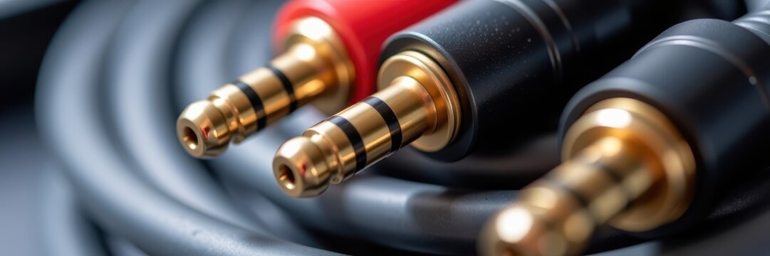 Extreme close-up of audio cable connectors, intricate wiring and metallic details visible.