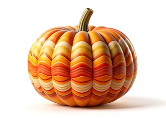 A unique striped pumpkin showcases vibrant orange and yellow hues against a white background