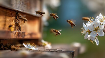Bees Flying Near Beehive and White Flowers in Springtime