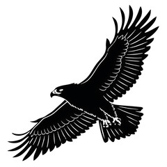 Obraz premium A powerful black silhouette of an eagle in midflight, with its wings spread wide and detailed feathers, soaring against a stark transparent background, symbolizing freedom and strength