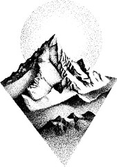 Obraz premium Stipple dotwork vertical illustration of mountain peaks and sun design for print