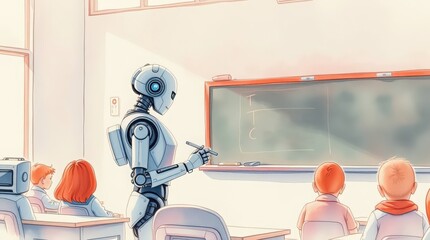 Robot teacher inspires young students in bright classroom, embracing futuristic education with innovative learning methods
