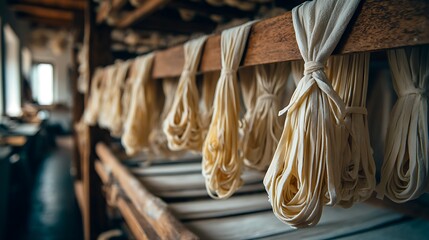 Hanging Fresh Pasta Strands Drying on Rack in Pasta Factory