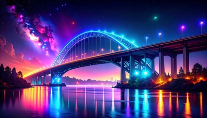 Obraz premium Vibrant Colorful Bridge at Night Over River with Fireworks.